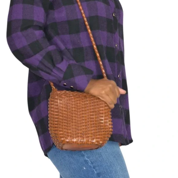 Vintage Ellepi Woven Bucket Bag Brown Leather Crossbody Drawstring Cottagecore - Picture 3 of 16